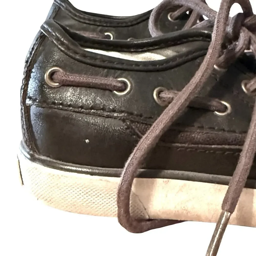 Polo Ralph Lauren Boys Leather & Canvas Dark Brown Boat Shoes Preppy Lace Up 9.5